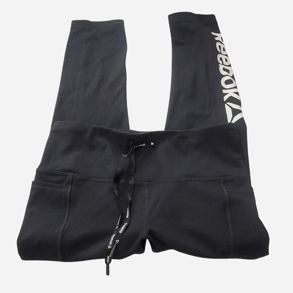 Reebok Black Petite Leggings S | Activewear Workout Drawstring | Cropped | Fitne - Picture 1 of 4